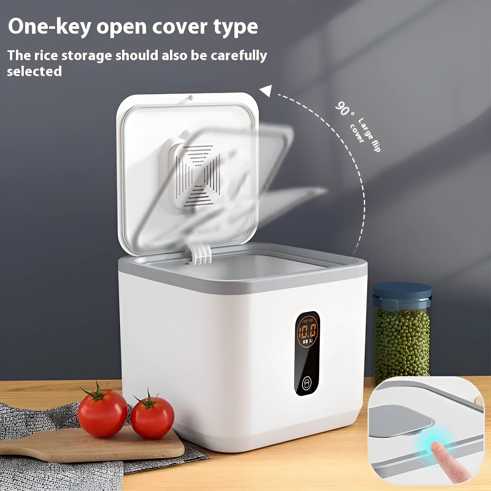 Grey plastic rice storage jar with airtight lid in three size options for kitchen pantry organisation