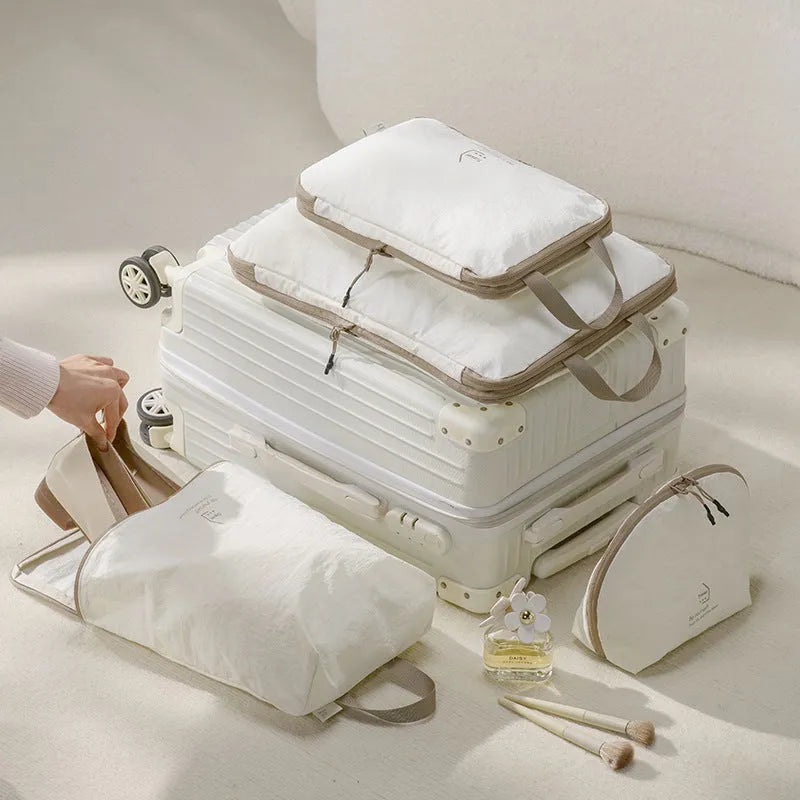 Taslon travel compression bag set with shoe bag, underwear bag and two compression bags in handbag shape