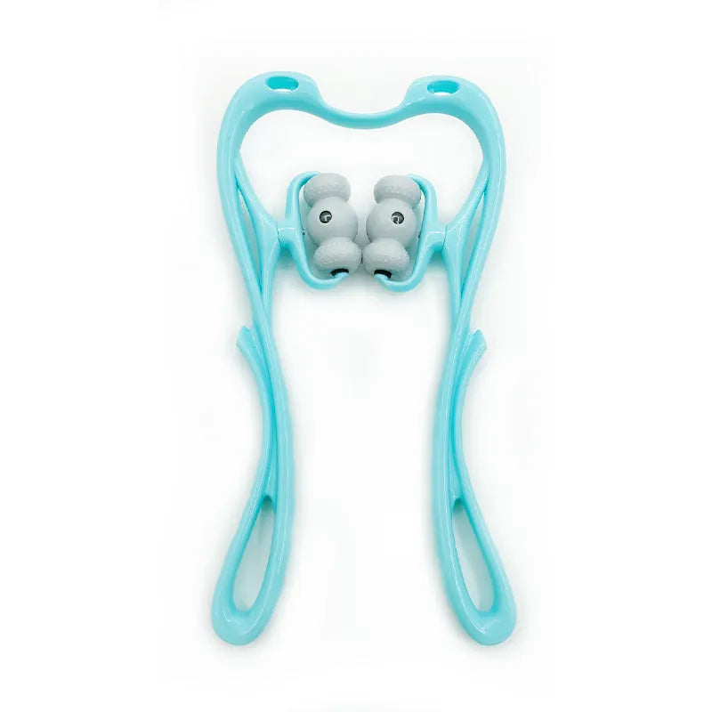 Blue manual neck massager with pressure nodes showing 360-degree rotation mechanism