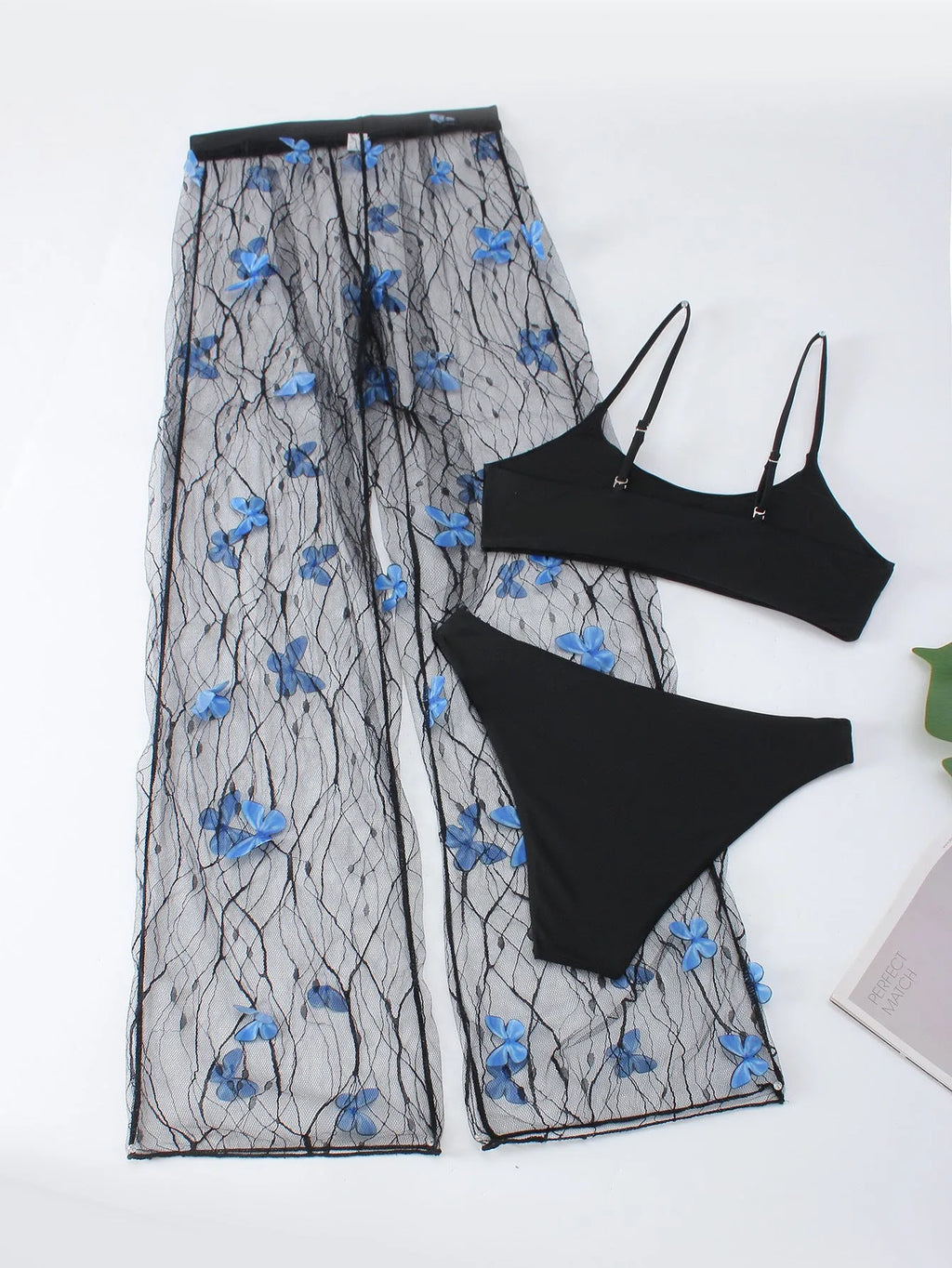 Women's black butterfly patterned bikini three-piece swimsuit set with transparent voile fabric