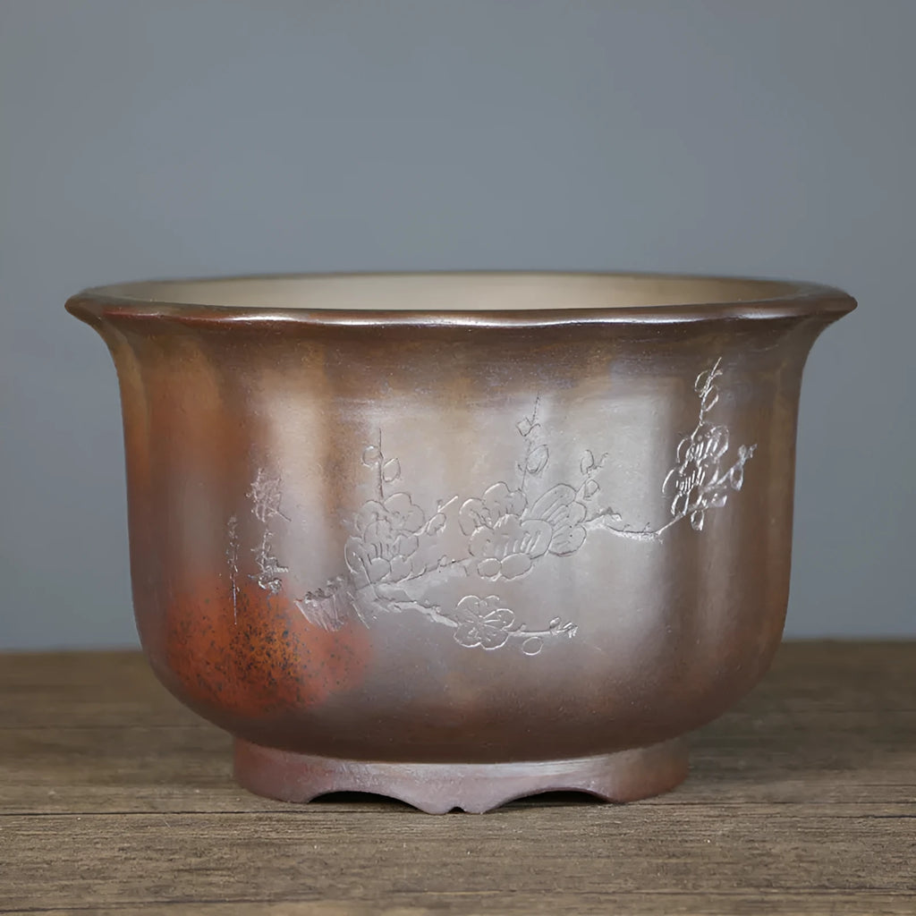 Antique carved classical ceramic flower pot in purple sand clay for bonsai