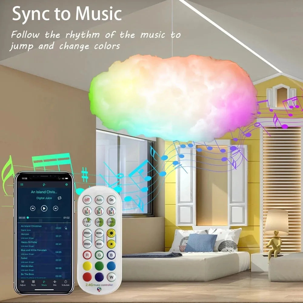 Large white fabric cloud shaped USB light hanging from ceiling with multi-colour RGBIC glow.