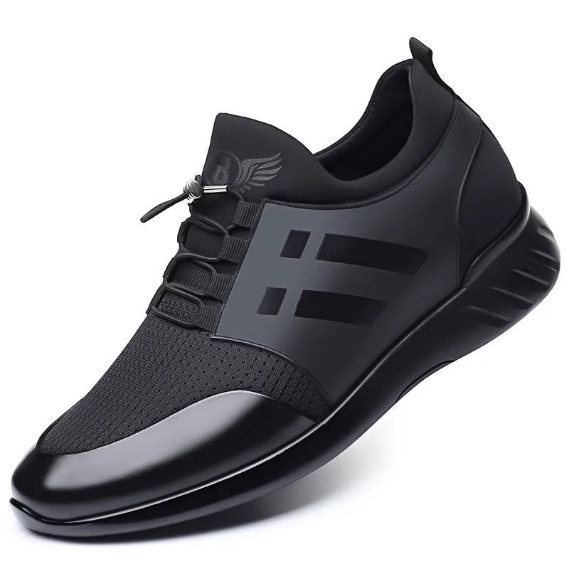 Men's black casual height increasing shoes with round toe and chunky heel in leather, mesh, or Lycra options.