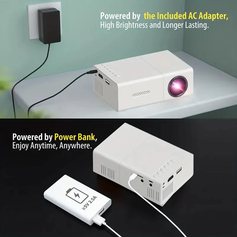M100 mini home projector in white and black colours showing 100-inch projection size
