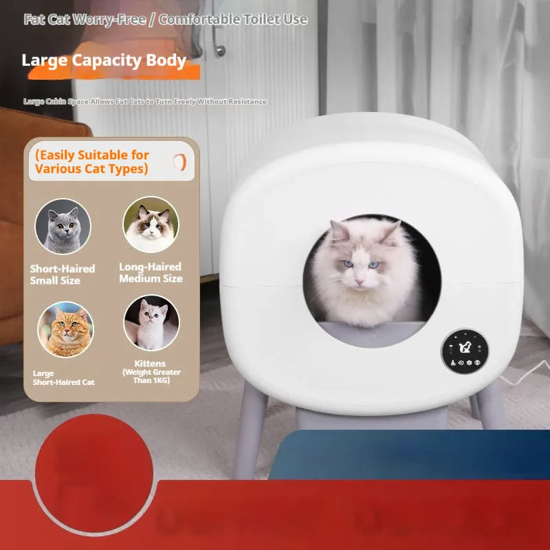 Automatic self-cleaning cat litter box made of white ABS plastic with control panel.