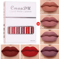 Set of six matte finish waterproof lip gloss tubes in assorted styles, with compact box.