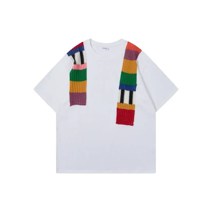 Loose fit short sleeve cotton pullover with colour patchwork design and letter pattern