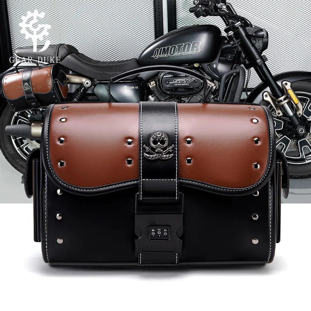 PU leather motorcycle front bag with patchwork design, model FBG397BK