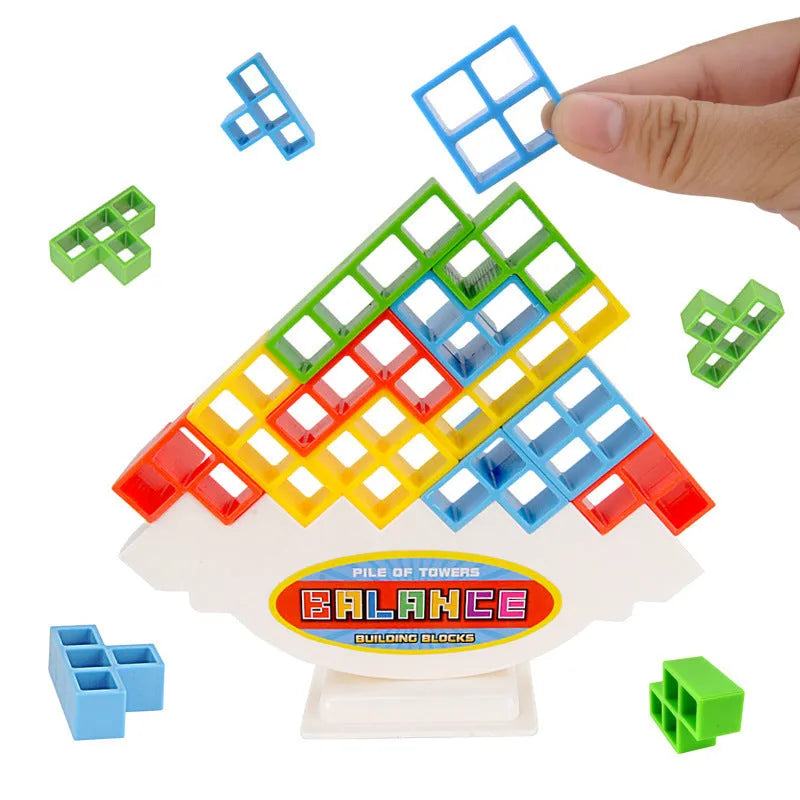 Plastic balance stacking board game with coloured blocks, chassis, and base for kids and adults.