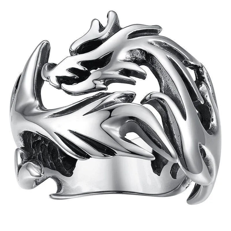 Adjustable Chinese dragon pattern ring in antique silver blue and green colour