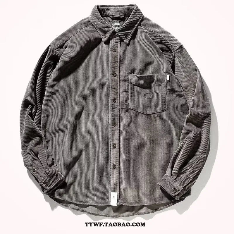 Loose fit caramel corduroy shirt with long sleeves in a Japanese Hong Kong cardigan style.