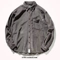 Loose fit caramel corduroy shirt with long sleeves in a Japanese Hong Kong cardigan style.
