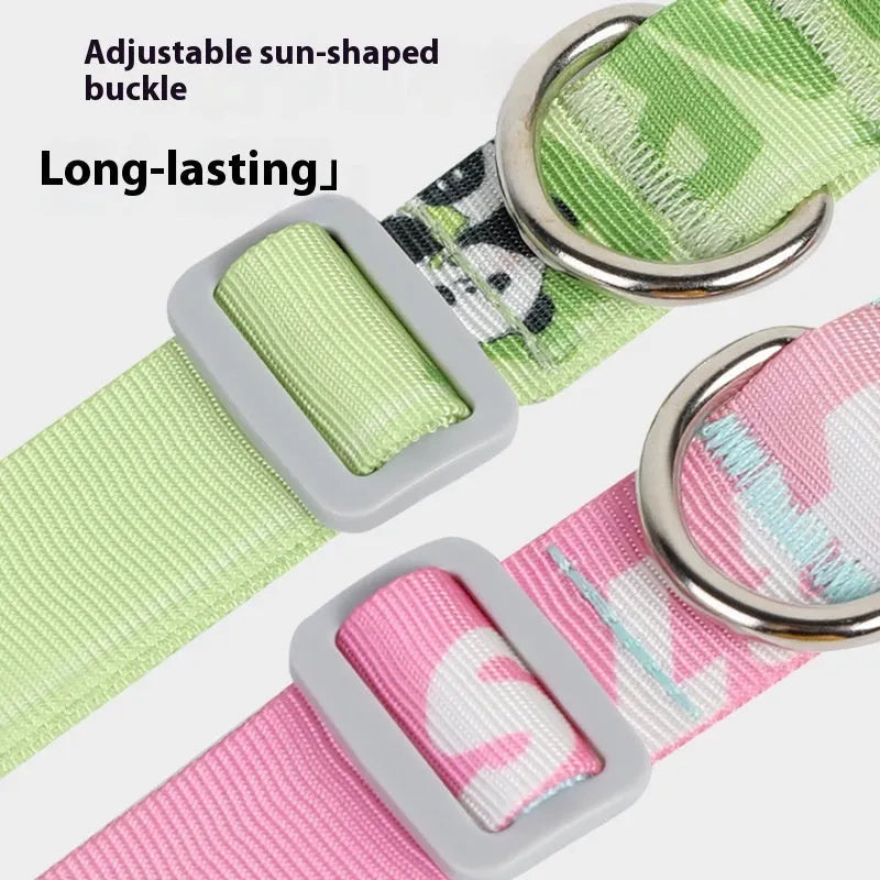 Adjustable nylon dog collar with cartoon printing shown in gradient colour and panda green on a white background.