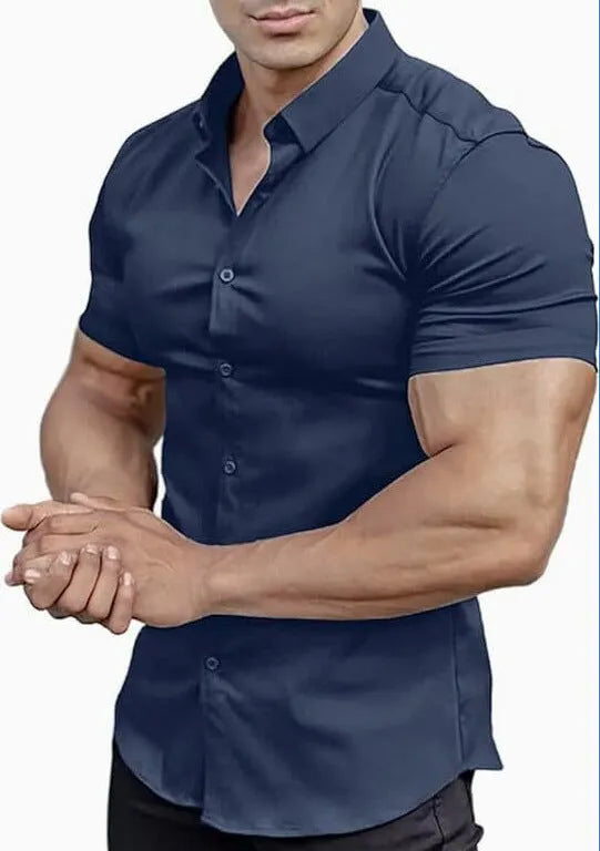 Men's short sleeve printed shirt with collar in polyester fabric available in multiple colours and sizes
