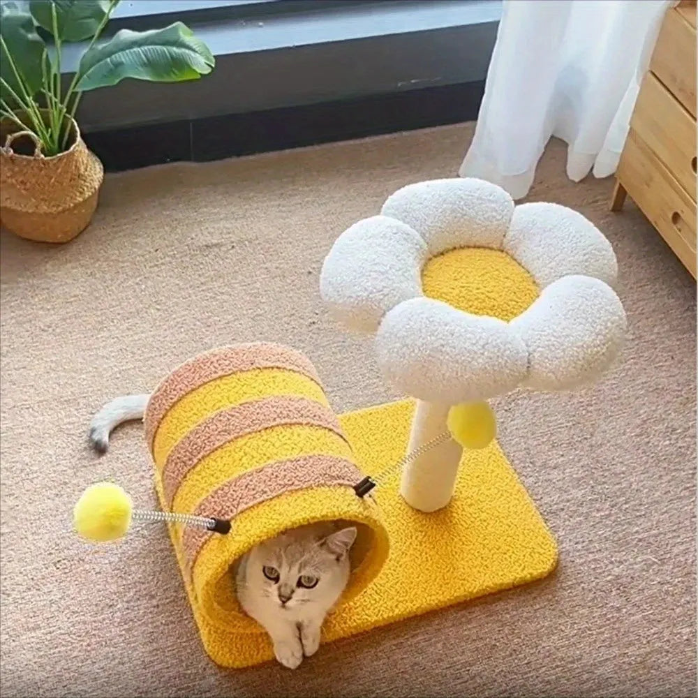 Yellow Bee-shaped cat climbing frame with a sisal scratching board and a fabric tunnel.