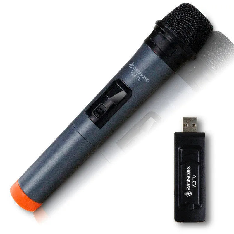 Black ZANSONG V12 dynamic wired microphone with cable, USB receiver, and audio adapter.