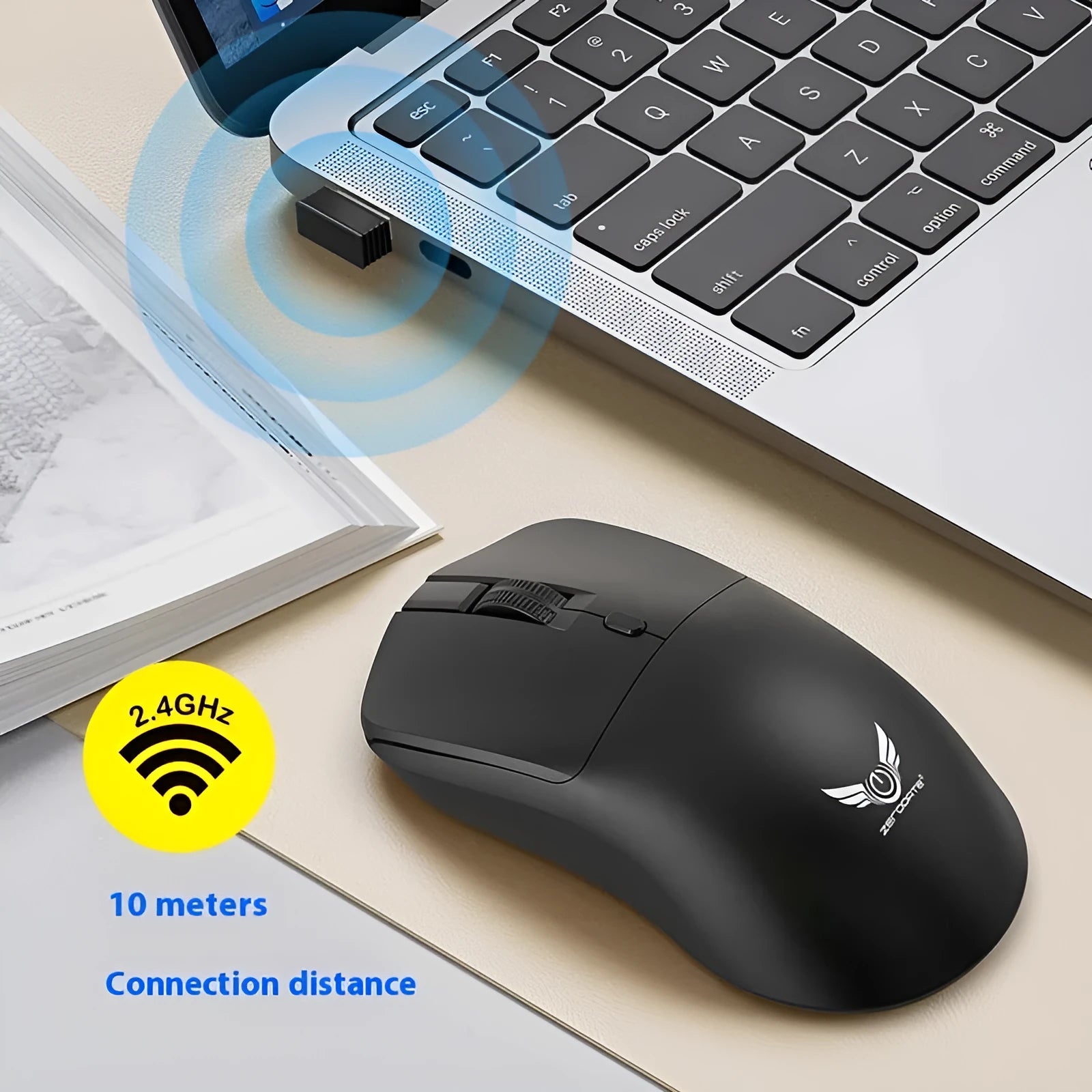 Black wireless mouse with three DPI settings and audio control button for laptop use