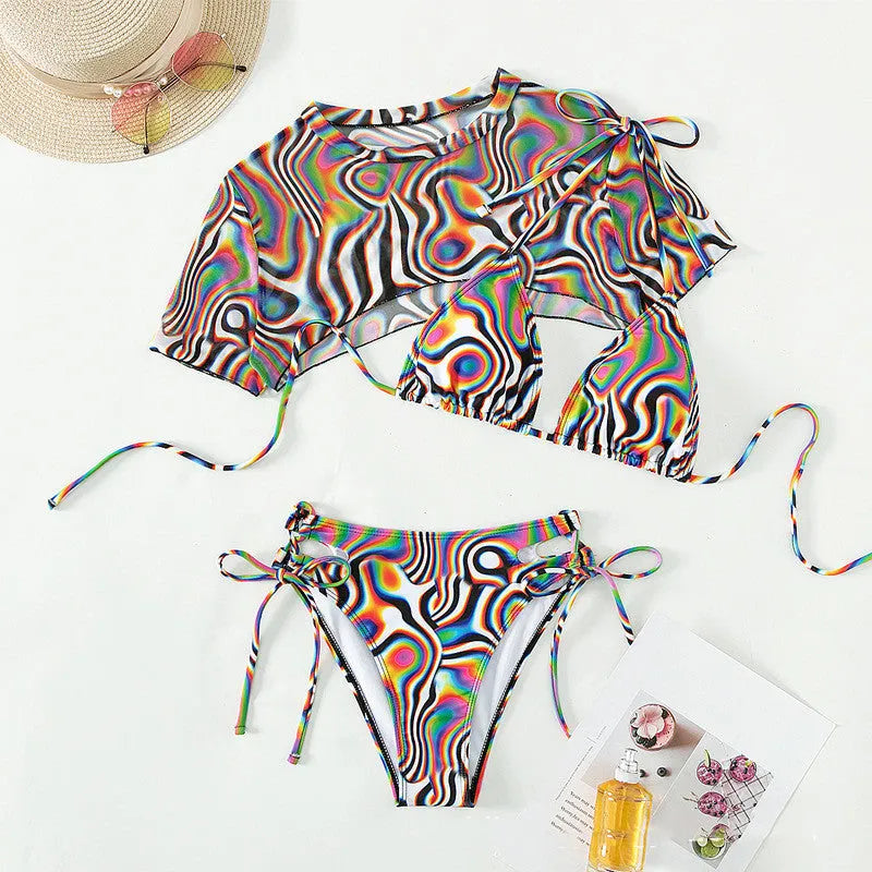 Colourful red women's rope mesh bikini swimsuit set on a white background.