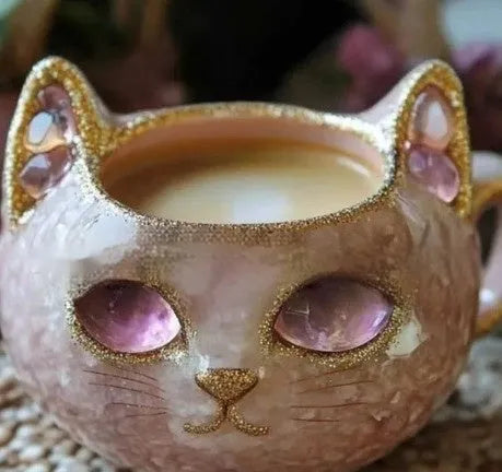 Purple geode crystal design cat-shaped resin mug on a wooden surface.