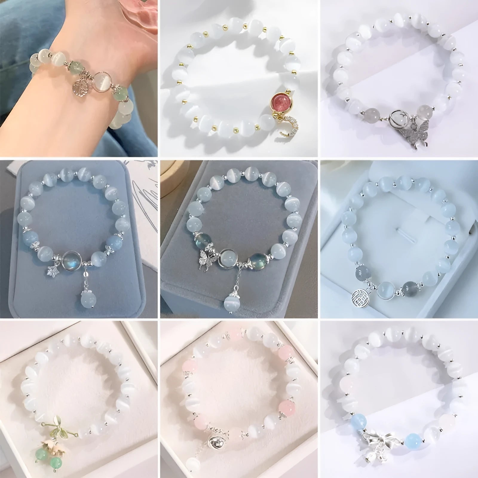 Opal cat's eye stone beaded bracelet for women with diamond-shaped beads and electroplated finish