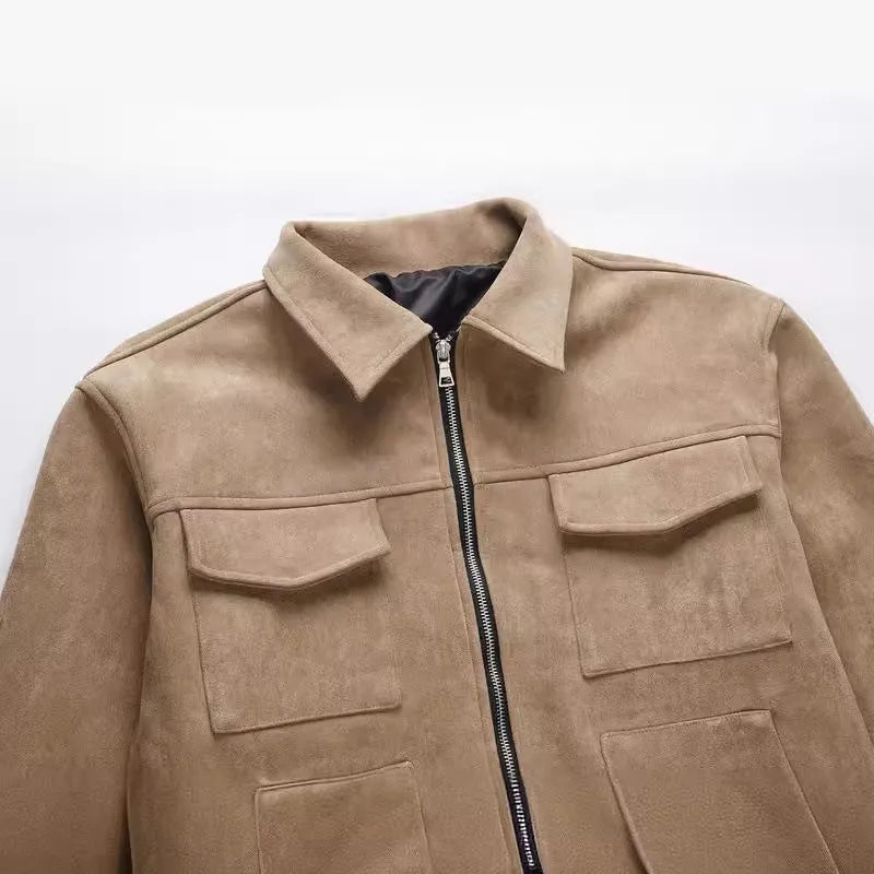 Slim-fit men's jacket with zipper, large pockets, and straight hem in camel, black, or dark grey.