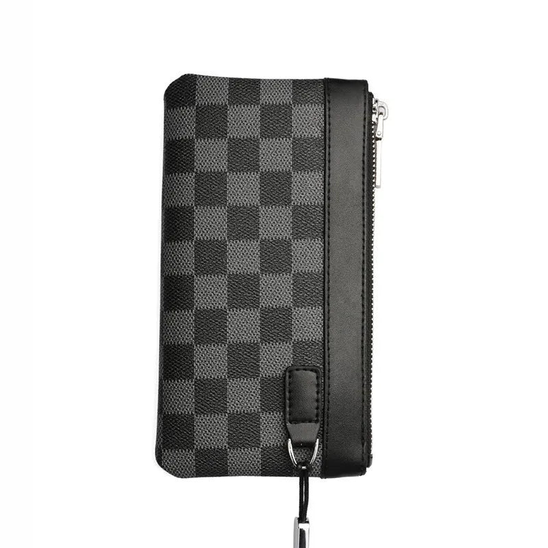 Black men's clutch wallet made of cowhide leather, shown with dimensions 20cm by 10cm.