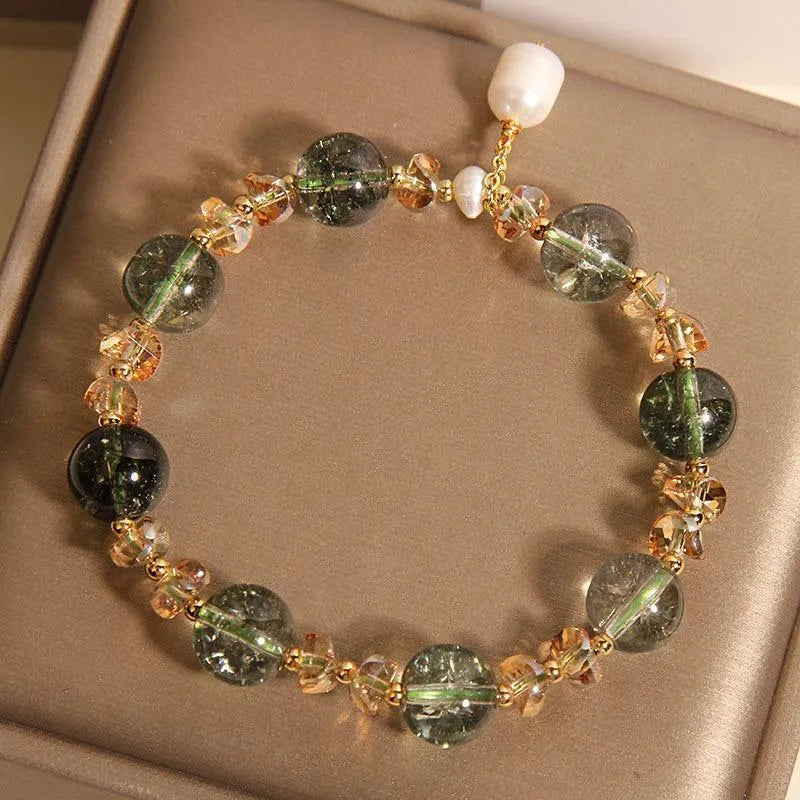 Women's natural chorite crystal bracelet with green phantom quartz stones and high-grade pearl accents