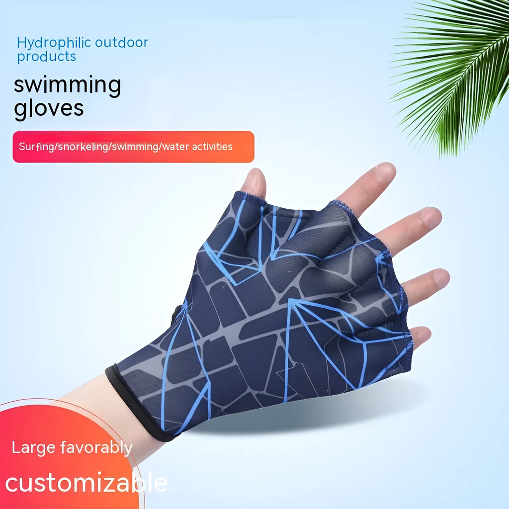 Pair of green print nylon swimming gloves with duck feet webbed design for hand propulsion.