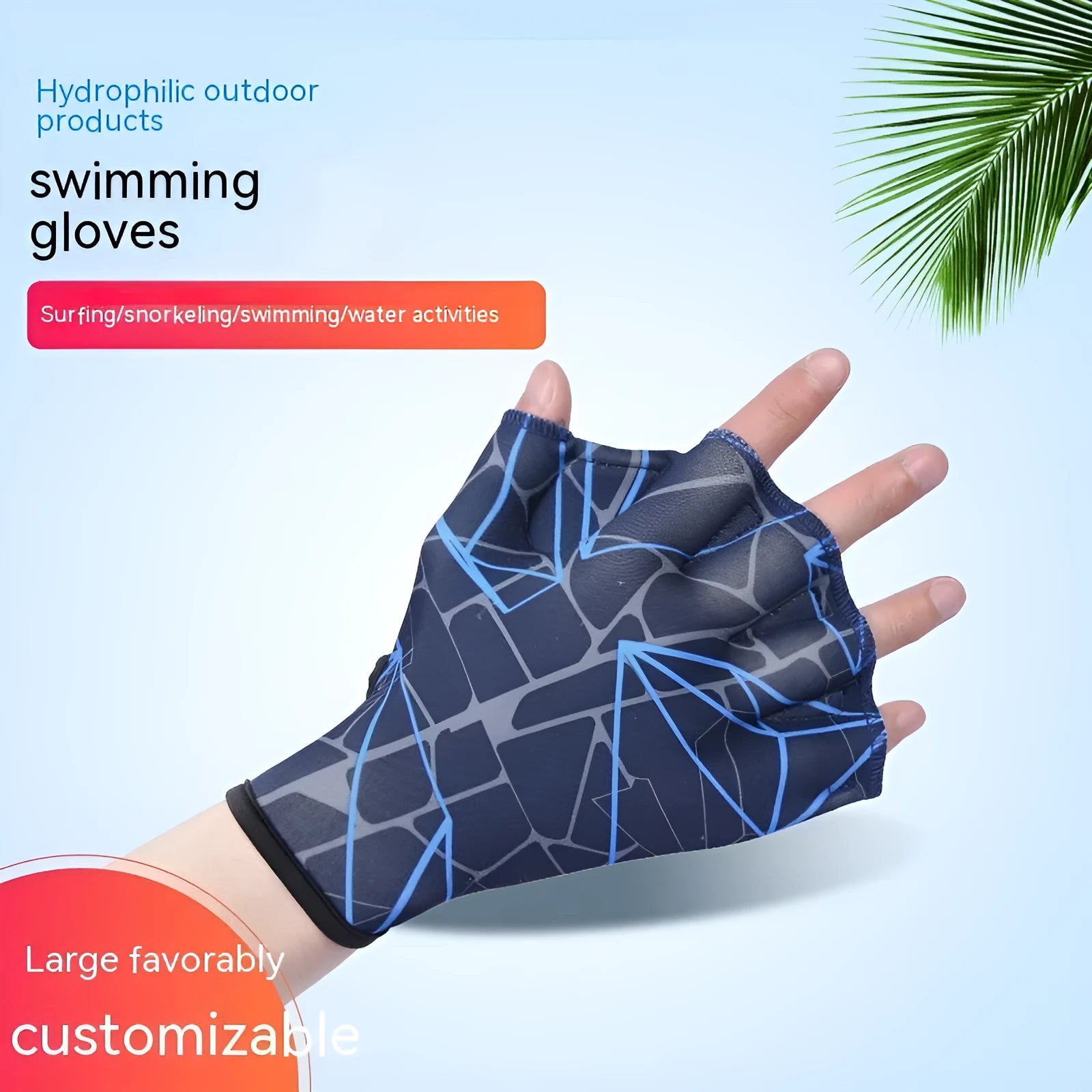 Pair of green print nylon swimming gloves with duck feet webbed design for hand propulsion.