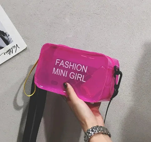 Transparent square jelly shoulder bag with diagonal cross design and adjustable strap