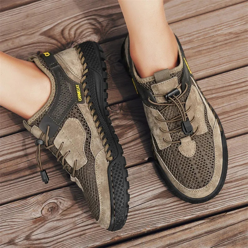 Men's brown suede casual tennis shoes with an elastic band and hand-stitched rubber sole.
