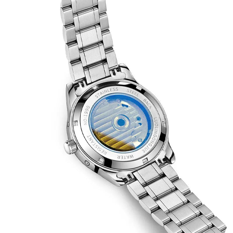 Men's stainless steel mechanical dress watch with leather strap and sapphire glass.