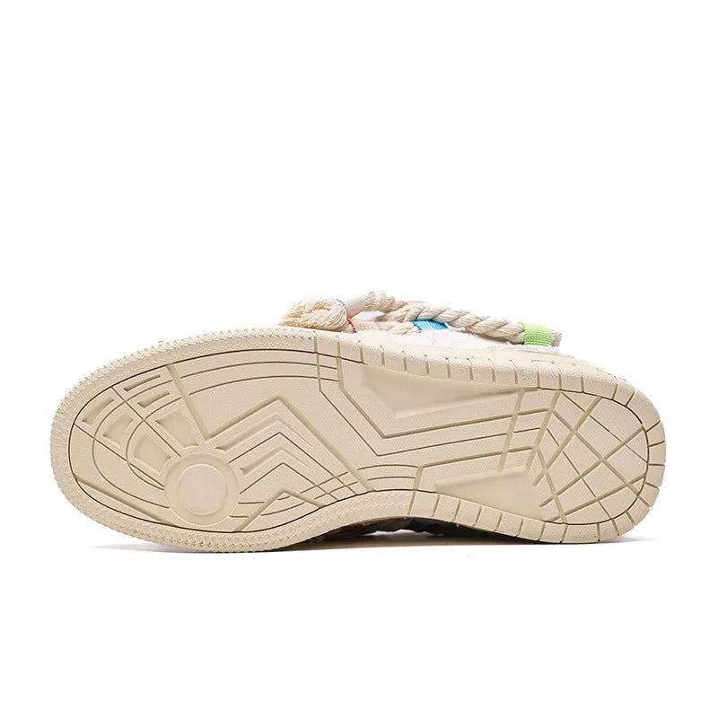 Creamy white retro skateboard shoes with old damage lace detailing and platform sole