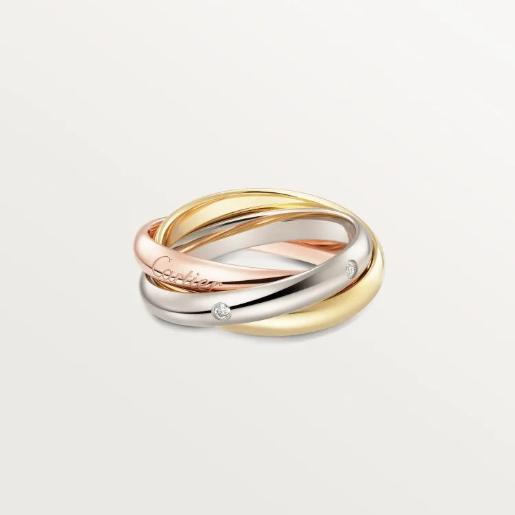 A geometric U-shaped silver couple ring set with diamonds, shown in rose gold and black colour variants.