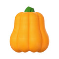 Pumpkin-coloured plastic dog chew toy with an attached rope for fetch and biting.