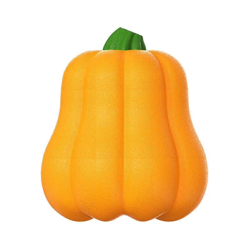 Pumpkin-coloured plastic dog chew toy with an attached rope for fetch and biting.