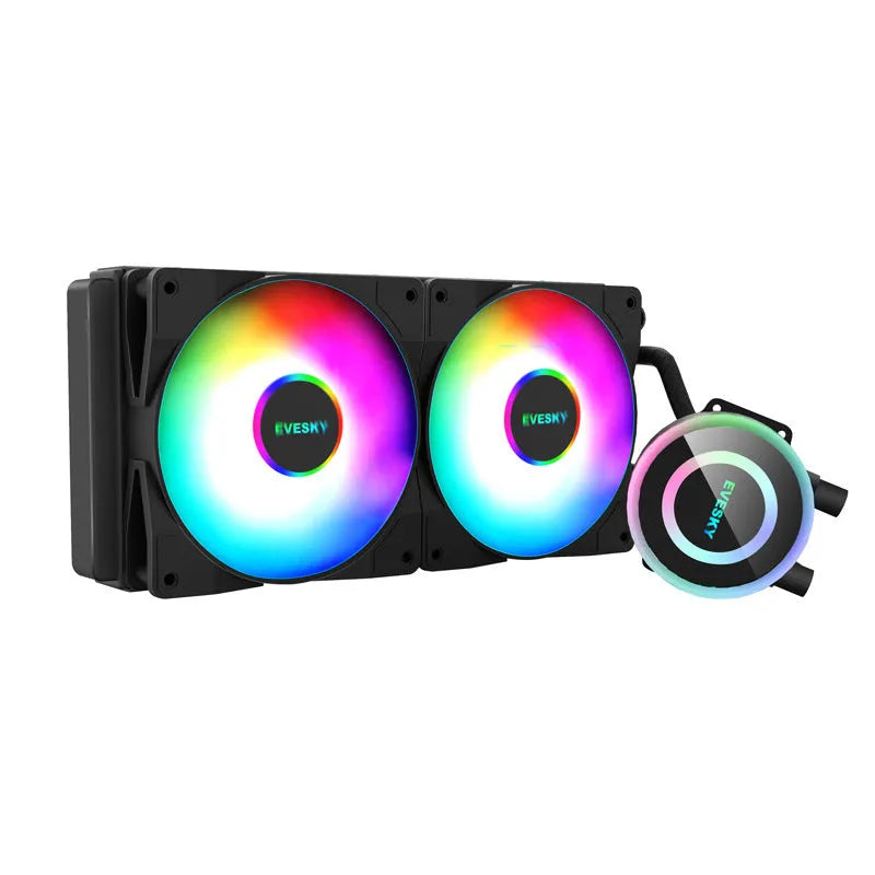 CPU radiator fan with RGB lighting in 120mm, 240mm, and 360mm sizes for gaming PC cooling