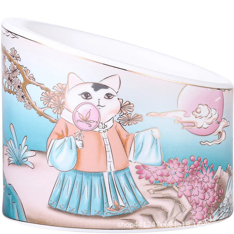 Chinese style ceramic cat bowl with high legs, double bowl design, and oblique mouth