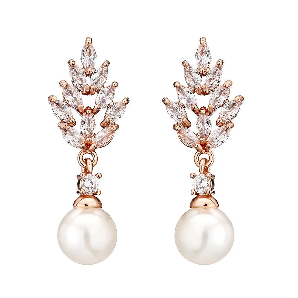Geometric flower earrings with micro inlaid zircon stones in gold, platinum, or rose gold plating.