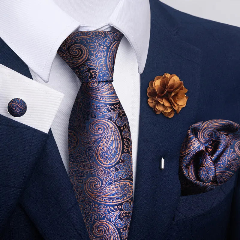 Men's floral embroidery tie and pocket square set in polyester yarn with jacquard weave, 147cm length
