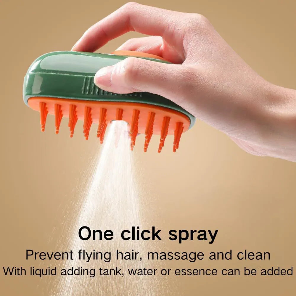 Green and white rechargeable cat steam brush with water spray function and silicone teeth