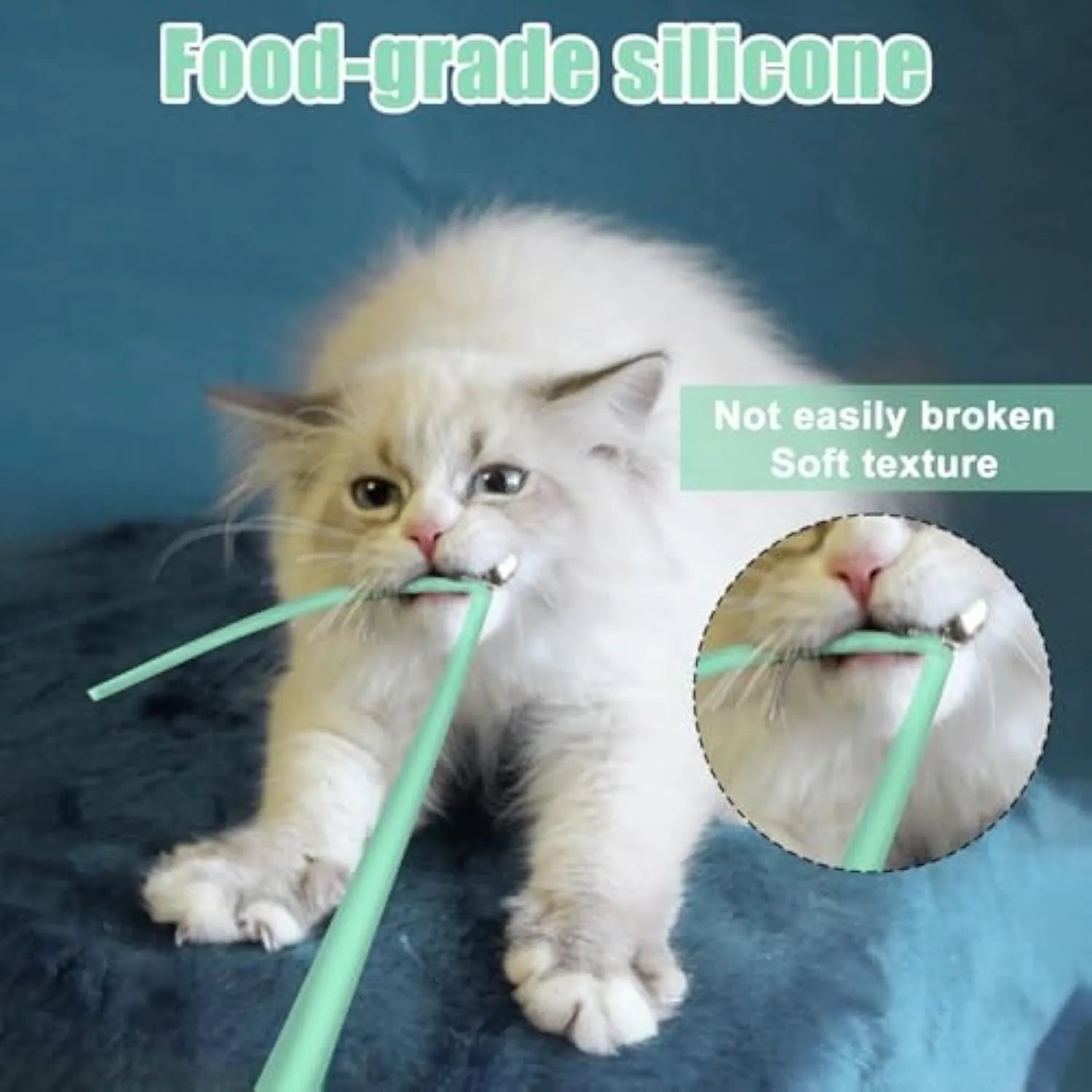 Green automatic cat wand toy with silicone tail on floor for indoor cat play