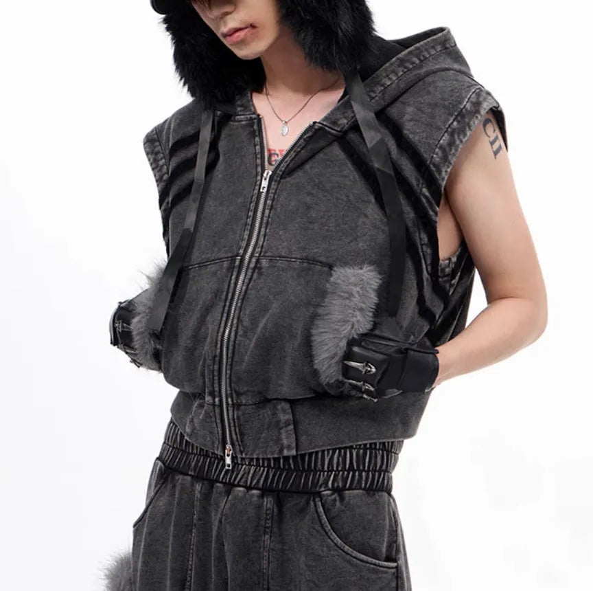 Korean style sleeveless hooded vest and matching trousers two-piece set in black/grey or yellow