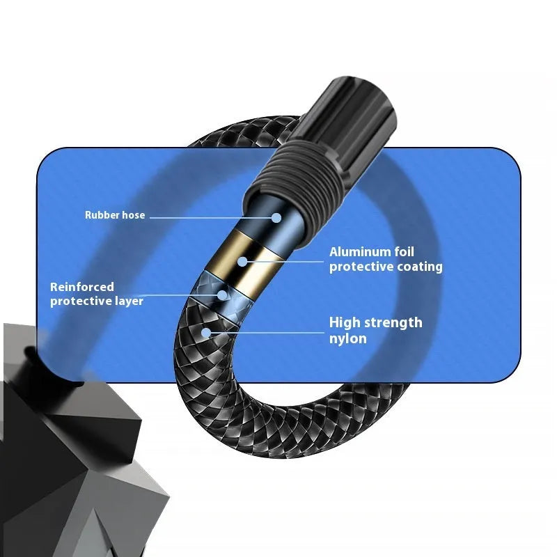 Black portable digital tyre inflator with LED light and display, connected to a car tyre valve.
