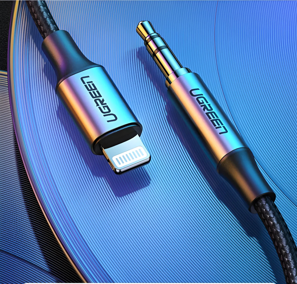 Black Apple Lightning to 3.5mm audio cable with shiny braided finish and aluminum connectors for car use.