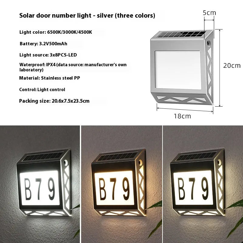 Solar powered waterproof doorplate light in black or silver with LED illumination for house numbers