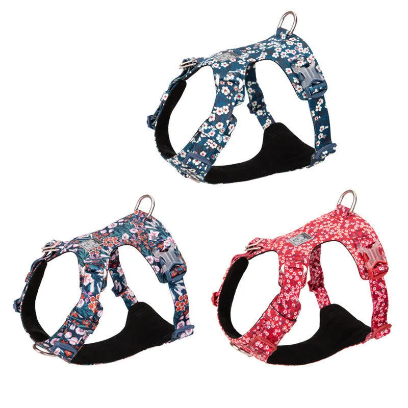 Floral pattern pure cotton pet chest harness for dog walking with pull-resistant strap