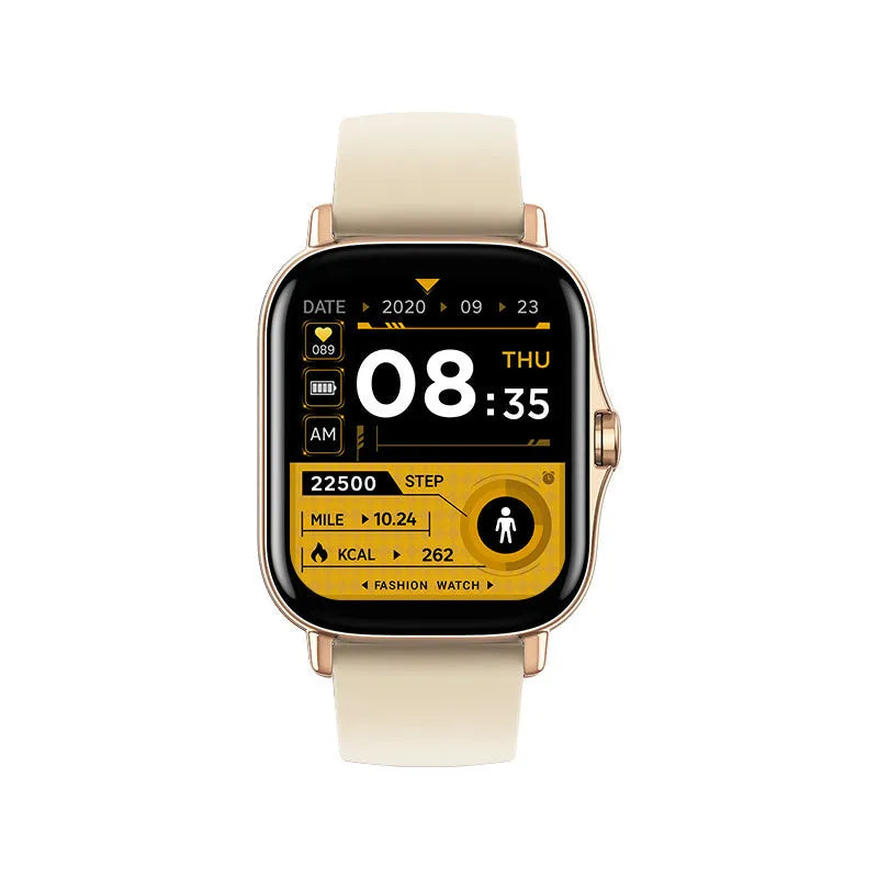 GT20 smartwatch in black with alloy case and silicone strap showing health stats on screen.