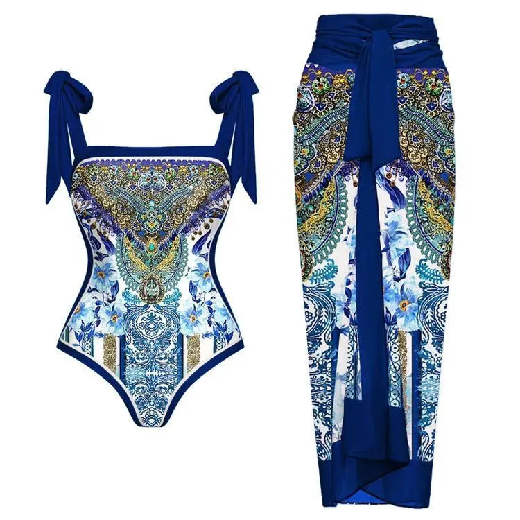 Women's conservative one-piece swimsuit bikini three-piece set in French retro style