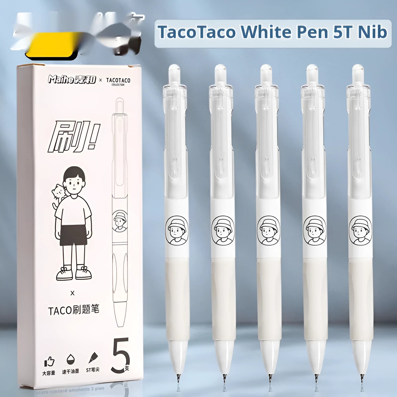 Five black ballpoint pens with white brush details and 0.5mm tips for exam writing
